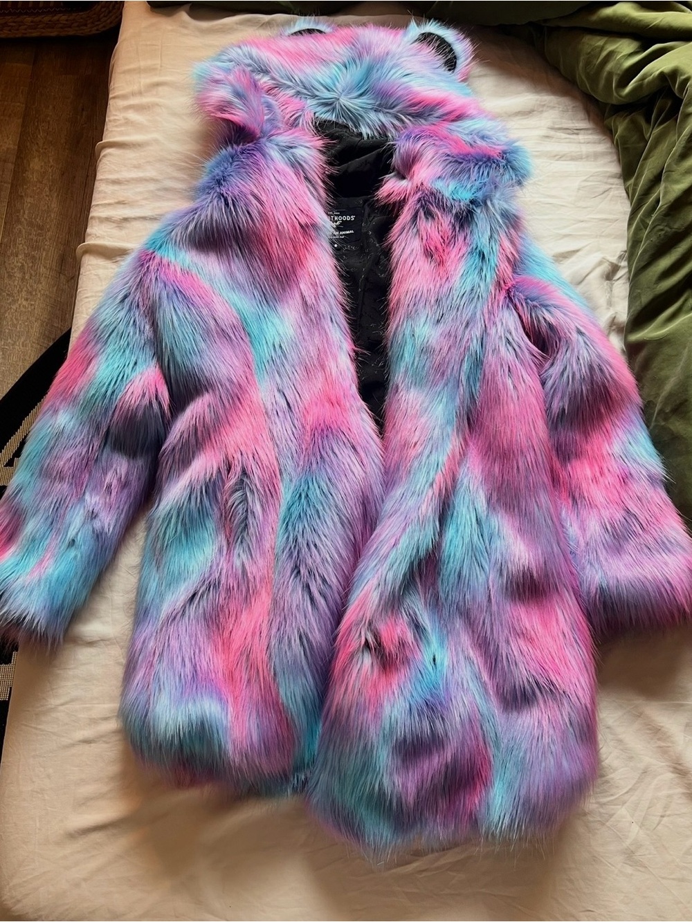 SpiritHoods Multicolor Faux Fur Hooded Coat in Pink, Purple & Blue